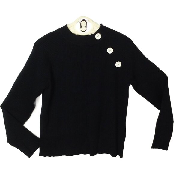 Vintage 80s dressbarn Ribbed Knit Sweater Lady-L Mockneck Faux-Buttons LSL Black - Picture 1 of 10